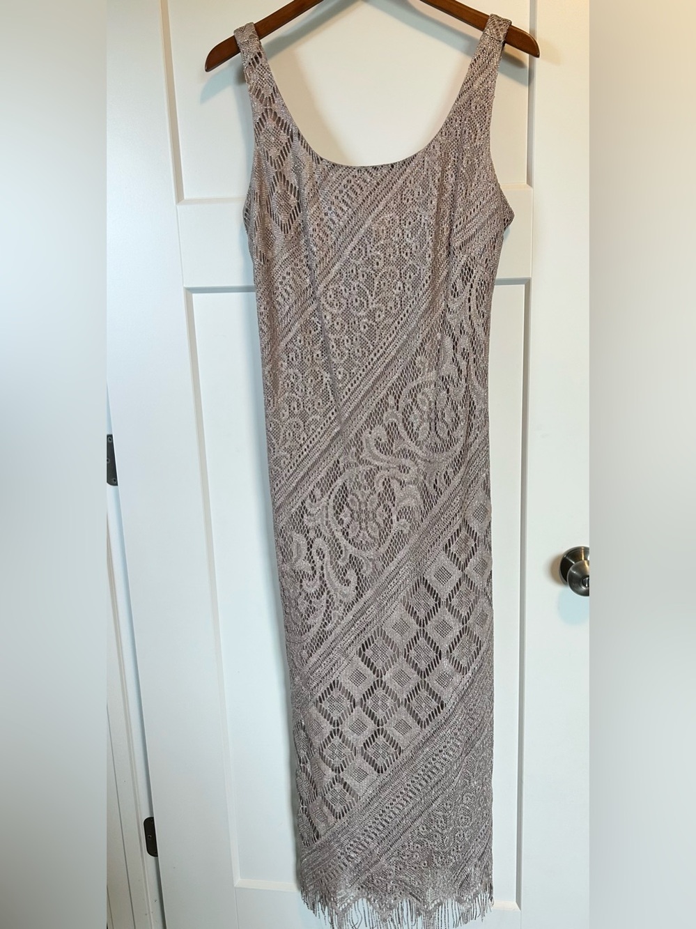 Vintage 90s S.L. Fashions Metallic Crochet Lace & Chiffon Cape 2-Piece Dress Set - Picture 4 of 15